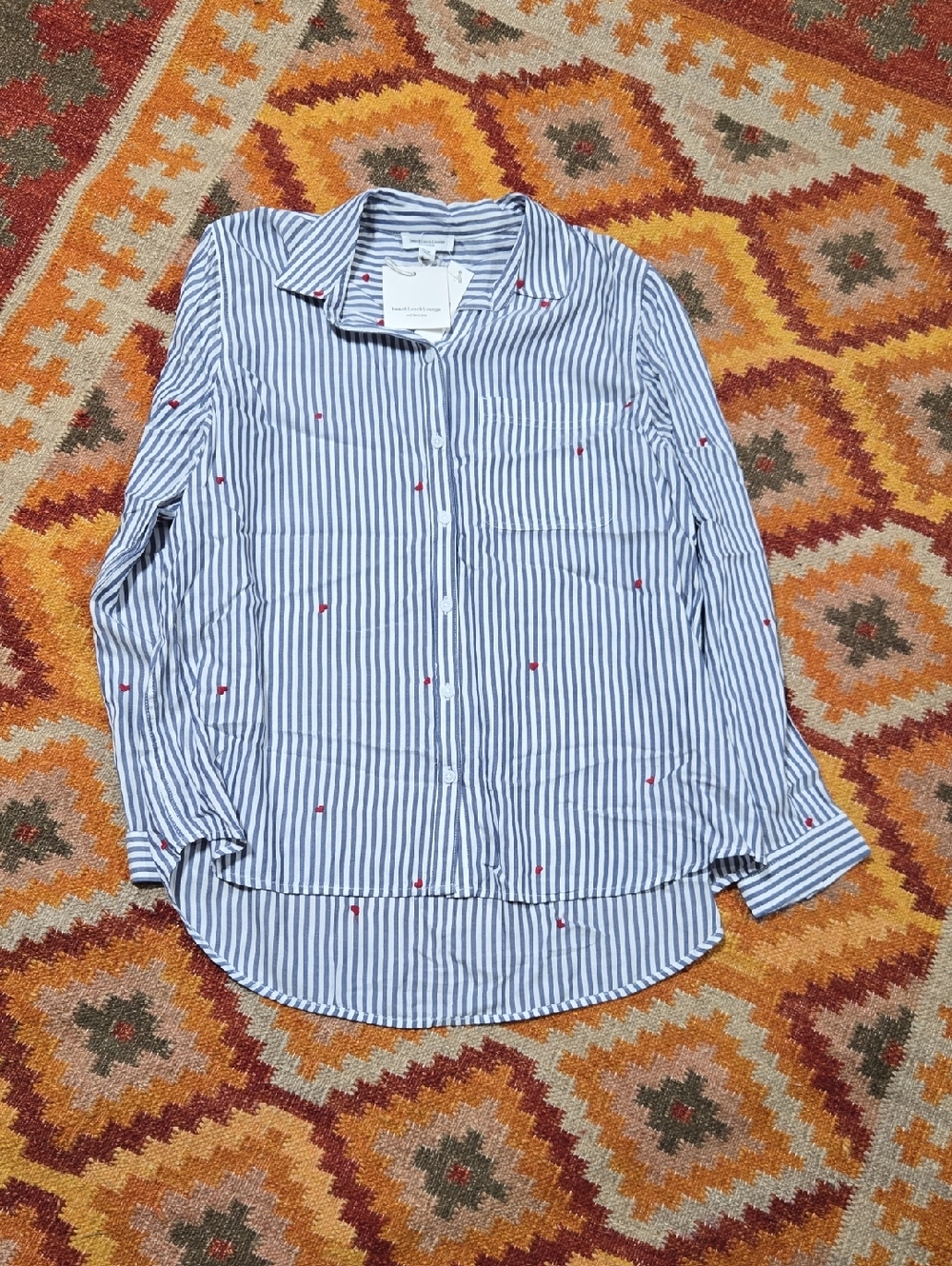 beachlunchlounge Blue and White Striped Button-Down with Red Dot Detail